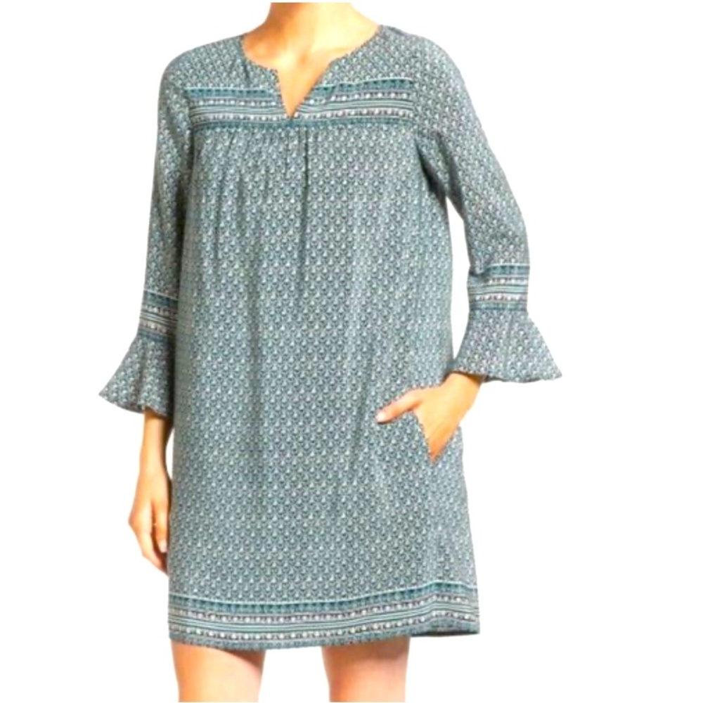 MADEWELL | Starland Bell Sleeve Silk Shift Dress Bandana Floral Green Size XS